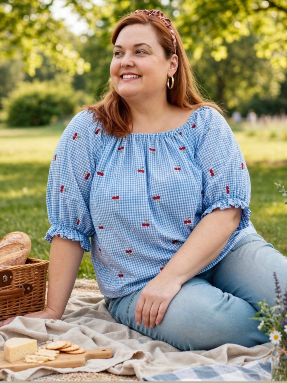 Blue Gingham Smocked Top, cotton, embroidered novelty cherry, 2X